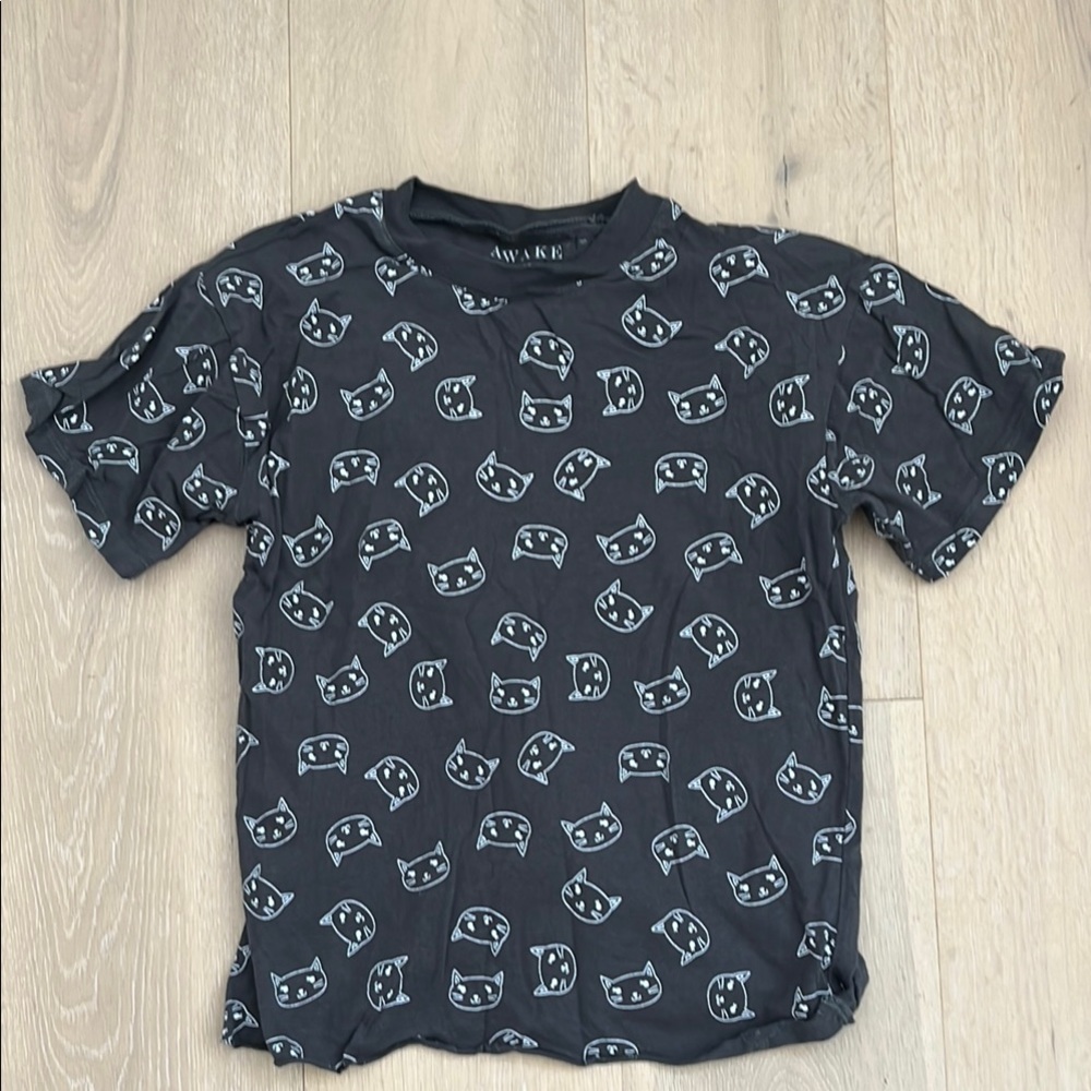 Women’s Black Short Sleeve Tee with Cat Pattern